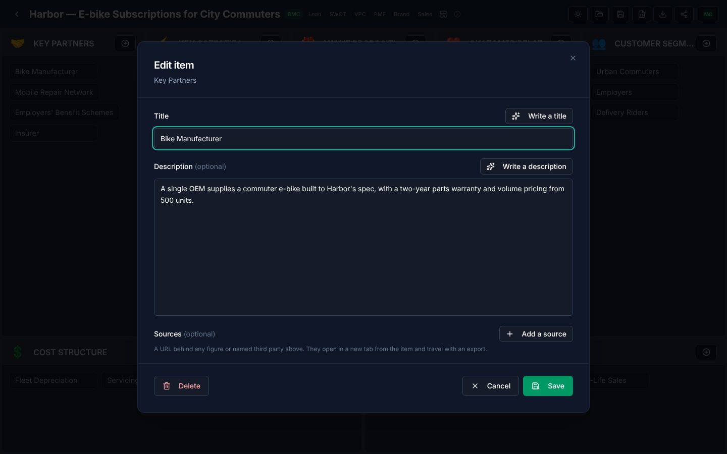The edit item dialog
