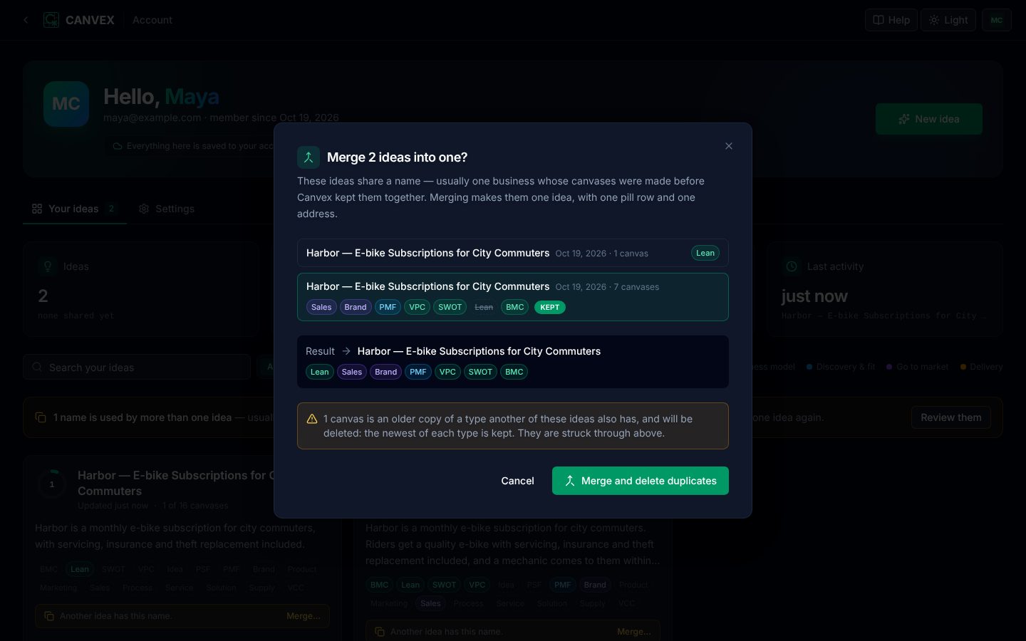 The merge dialog, showing which canvases are kept and which duplicates are deleted